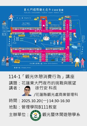【觀遊系觀光休憩消費行為專題講座】2025/10/20(一)14:30 徐竹安科長:花蓮東大門夜市的挑戰與展望圖片